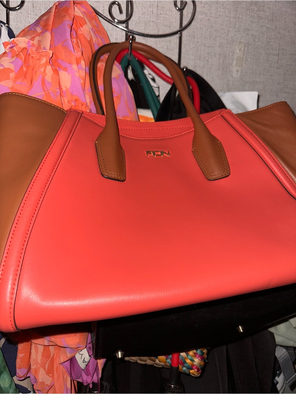 Women's Coral and Tan Shoulder Bag - Structured Leather Tote